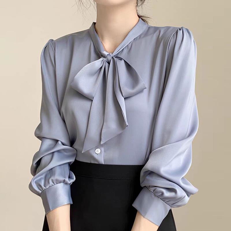 Women Blouses Shirts 2025 Spring Long Sleeve Women Blouse Shirt Bow Collar Black White Chiffon Blouse Shirt Women Tops J862