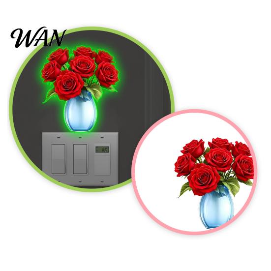 Self Adhesive Rose Decals Red Vase Switch Wall Sticker, Glow in The Dark Socket Decal, Floral Decor for Living Room Self?Adhesive Waterproof