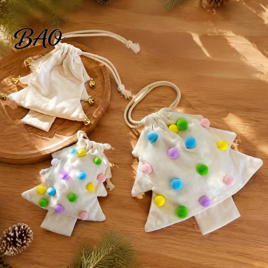 Fabric Storage Bags for Gifts Christmas Tree Shaped Gift Bag, Reusable Drawstring Treat Goody with Pompoms Durable Polyester Sacks Bells, Winter