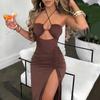 Summer Sexy Dress For Women Sleeveless Backless Hollow Out Party Dress Fashion Lace-up Halter Bodycon Elegant Split Dress