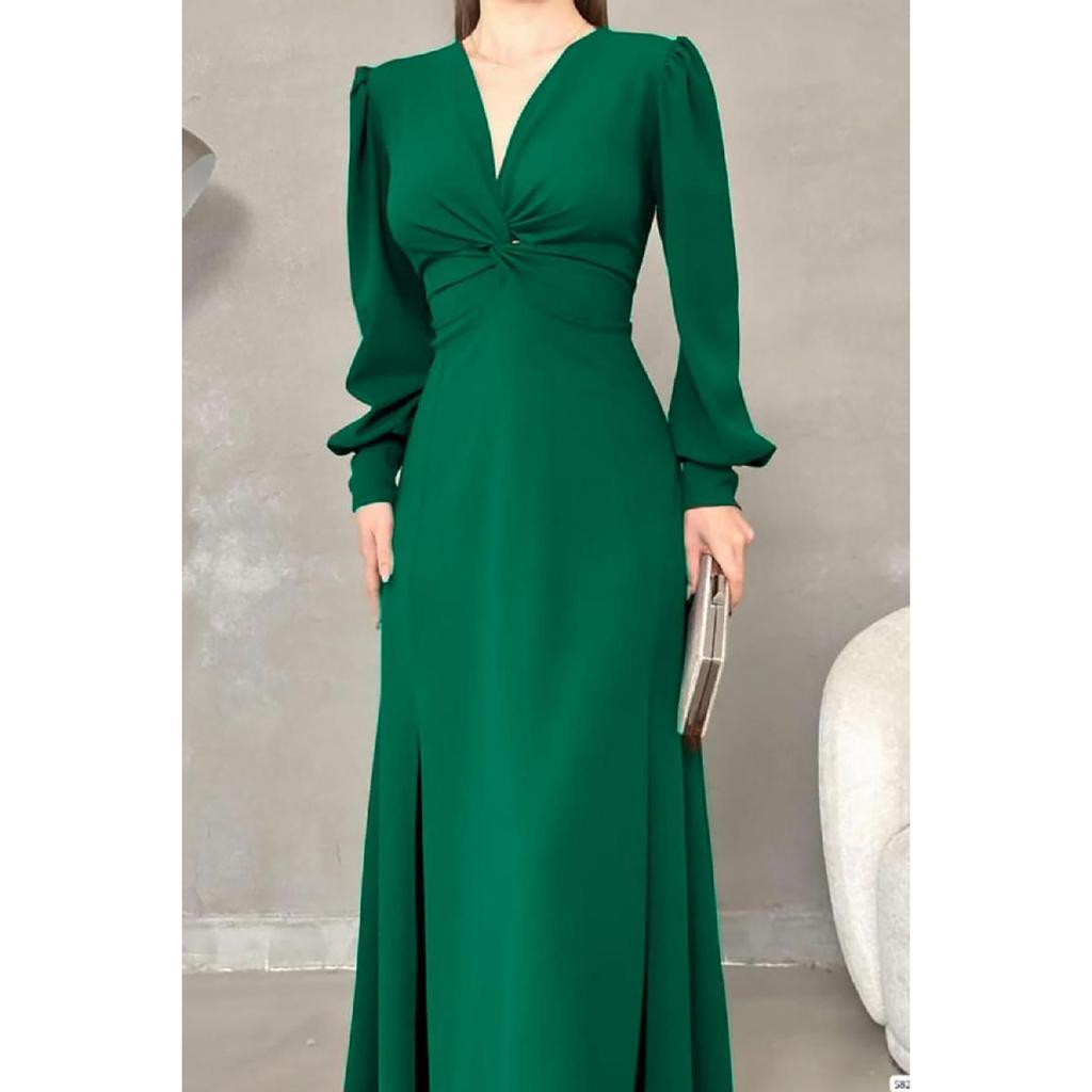 Black Crepe Fabric Front Knot Detail Maxi Length Long Sleeve Double Slit Dress