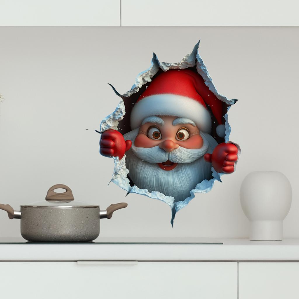 3D Рождественские Наклейки на Стену Мультяшный Санта-Клаус Пробивающий Стену Виниловая Съемная Праздничная Декорация для Дома и Жилых Помещений