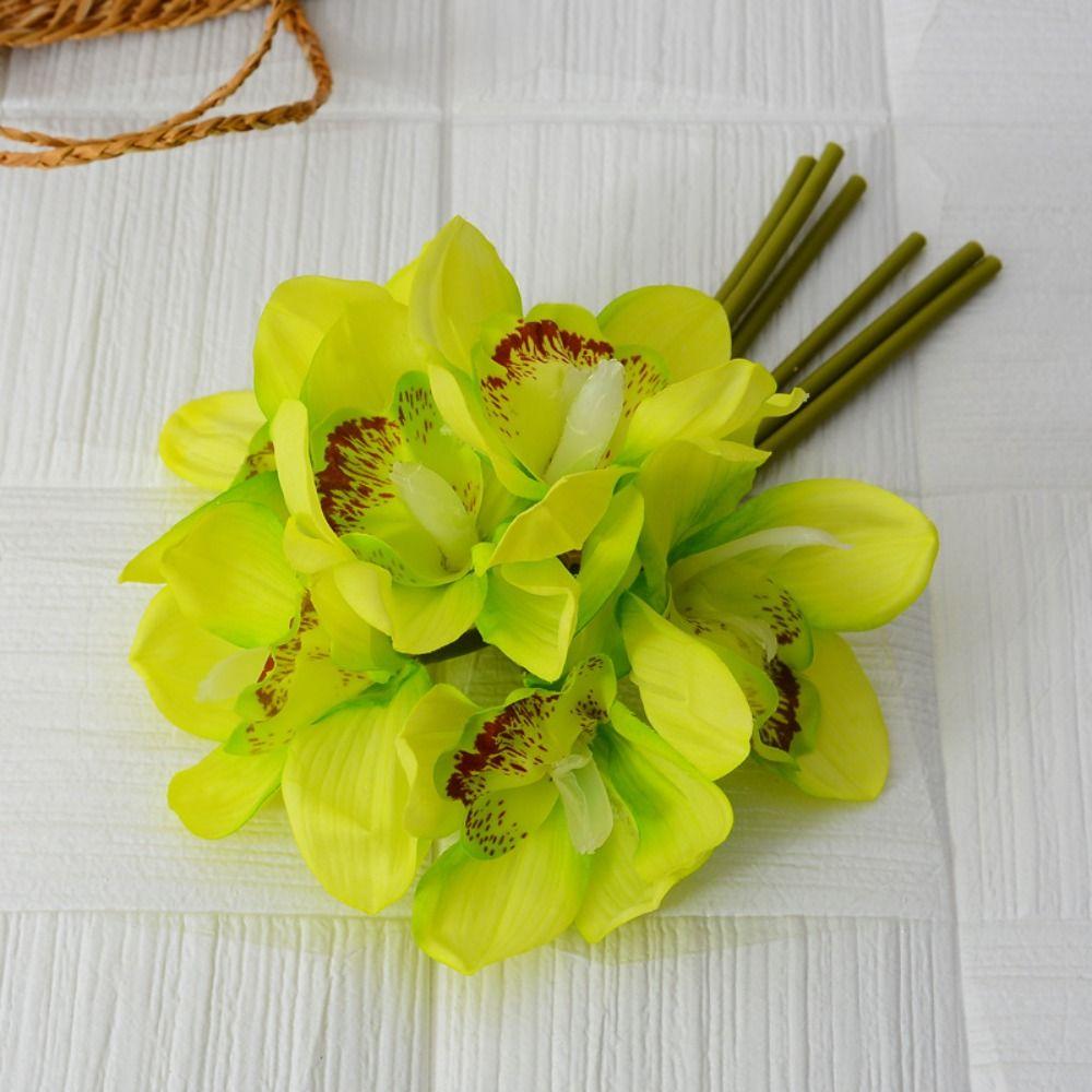 6 Heads Artificial Cymbidium Flowers Real Touch Magnolia Branch Birthday Decor