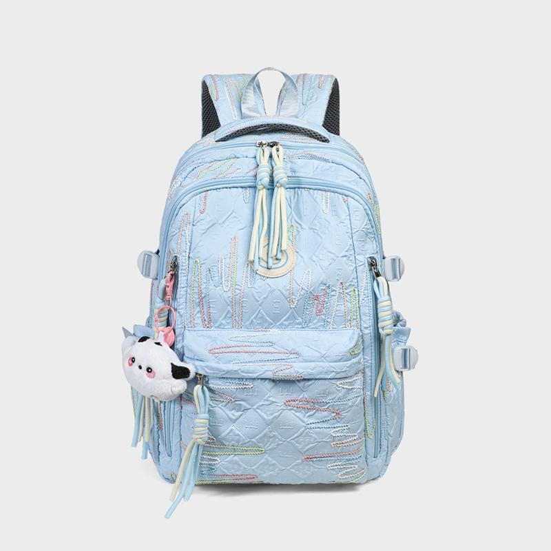 Cute Pastel Quilted Backpack for Women,Girls,Students & Teens,Embroidered Daypack with Smile Patch & Plush Charm,Kawaii Rucksack