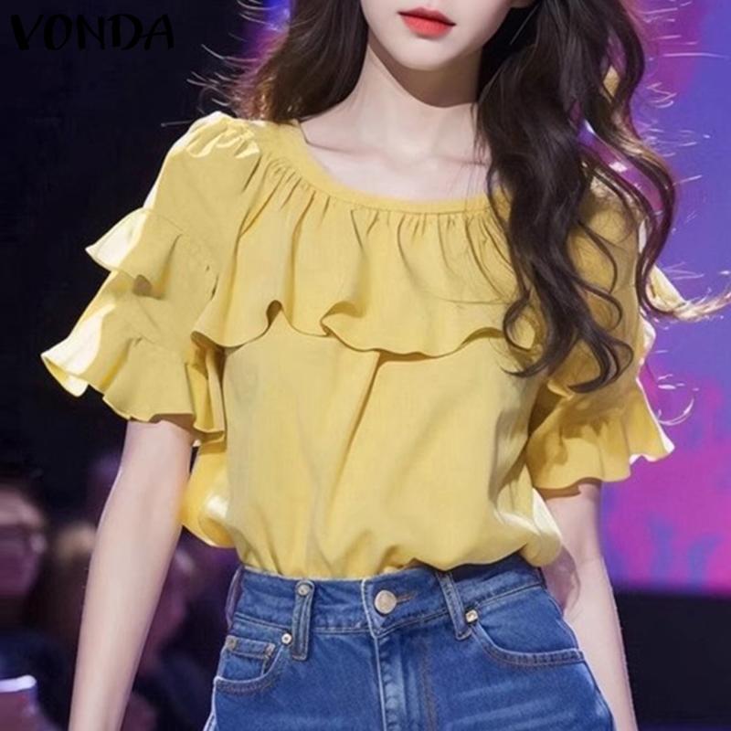 VONDA Женские летние блузки с короткими рукавами и оборками вокруг шеи