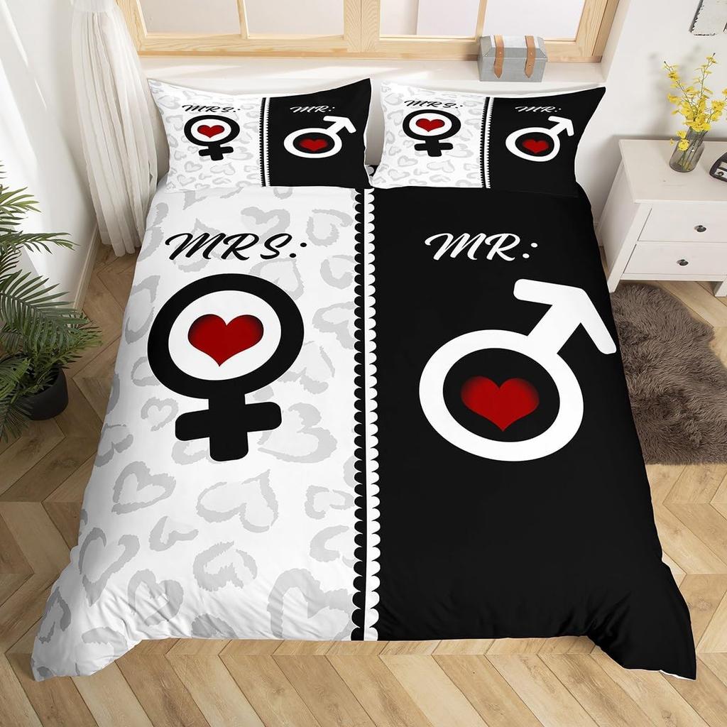 Комплект постельного белья Mr Mrs из микрофибры с романтическим свадебным мотивом, пододеяльник King на День святого Валентина, забавные цитаты, сердечки, пододеяльник