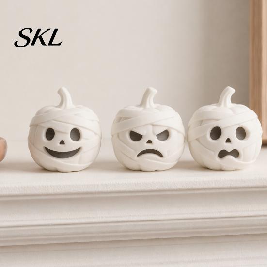 Modern 3D Printed Home Decor Mummy Pumpkin Skull Figurine for Halloween Decorations, Small Tabletop Accents with Funny Expressions Office Desk