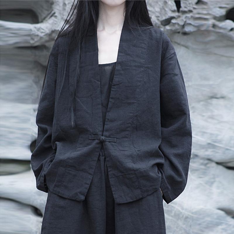 Johnature Autumn Woman Linen Vintage Disc Buckle Suit Coat Solid Color V-Neck Retro Loose Long Sleeves Coat