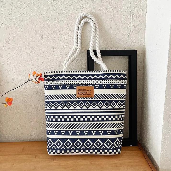 WTEMPO Fashion Printed Large-capacity Hand-held Women's Bags Summer Canvas Striped Versatile Commuting Mom Single-shoulder Shopping Bags