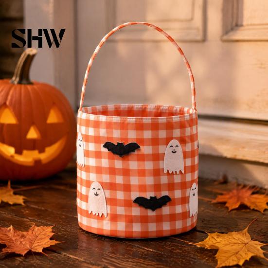 Pumpkin Party Supplies Halloween Bucket, Trick or Treat Basket for Kids Boys Girls, Plaid Containers Bat Ghost Candy Tote Bag with Handle Favors