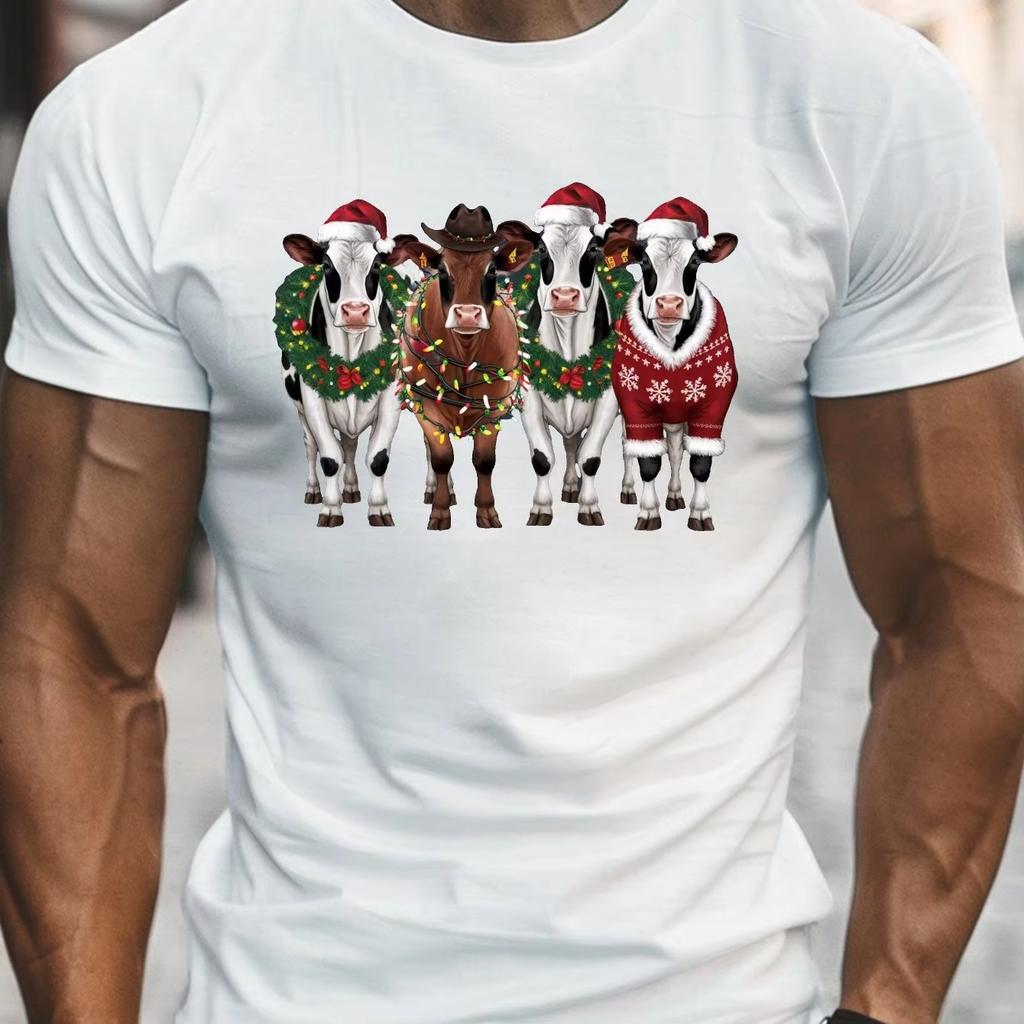 2026 New Christmas Cow Graphic TShirt Farm Holiday Theme Unisex Oversized Breathable Cotton Black Short Sleeve Streetwear Tee