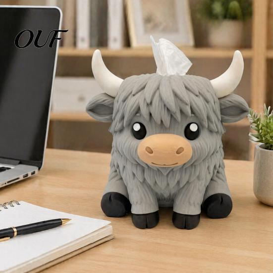 Modern Farmhouse Aesthetic Decor Simulated Highland Yak Tissue Box, Cute Decorative Paper Dispenser, Waterproof Bedroom Dresser Organizer Matte