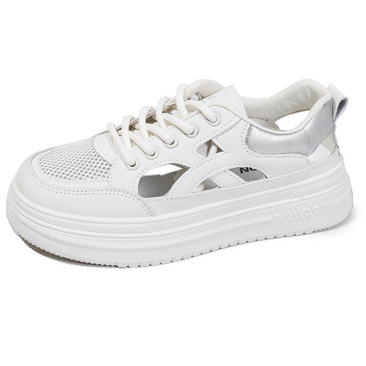 2024 Женская обувь Новые толстые подошвы сетчатые спортивные повседневные кроссовки сандалии белые плоские туфли на полой доске со шнуровкой на платформе теннис