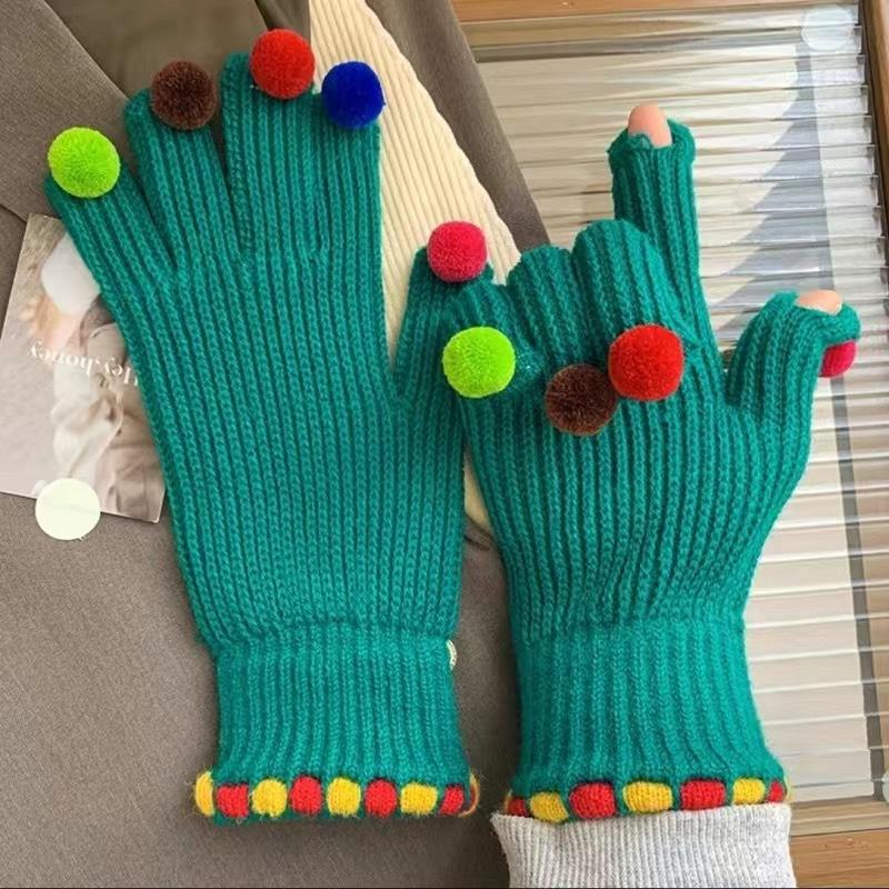 Зимние цветные вязаные перчатки для женщин Перчатки для сенсорных экранов Теплые вязаные перчатки с помпоном для улицы и дома с мягкой эластичной подкладкой для женщин