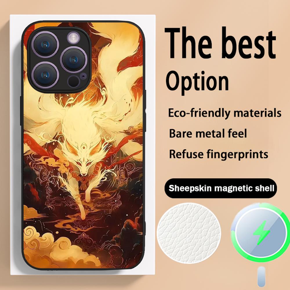 Nine-tailed fox art fashion design Phone Case For iPhone 16 15 14 13 12 11 Plus Pro Max High-end Luxury Magsafe Sheepskin