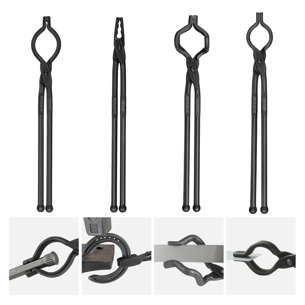 VEVOR Blacksmith Tongs, 45.7 cm 4 PCS, V-Bit Bolt Tongs, Wolf Jaw Tongs, Z V-Bit Tongs and Gripping Tongs