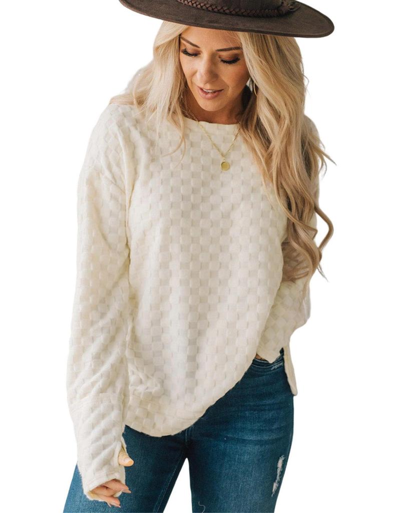 Azura Exchange Beige Solid Textured Thumbhole Sleeve Top