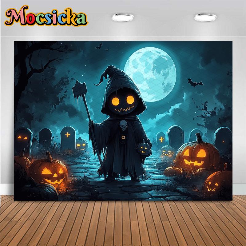 Mocsicka Halloween Backdrop Photography Baby Wizard Photo Backgrounds Night Moon Cemetery Ghost Pumpkin Party Decorations Banner