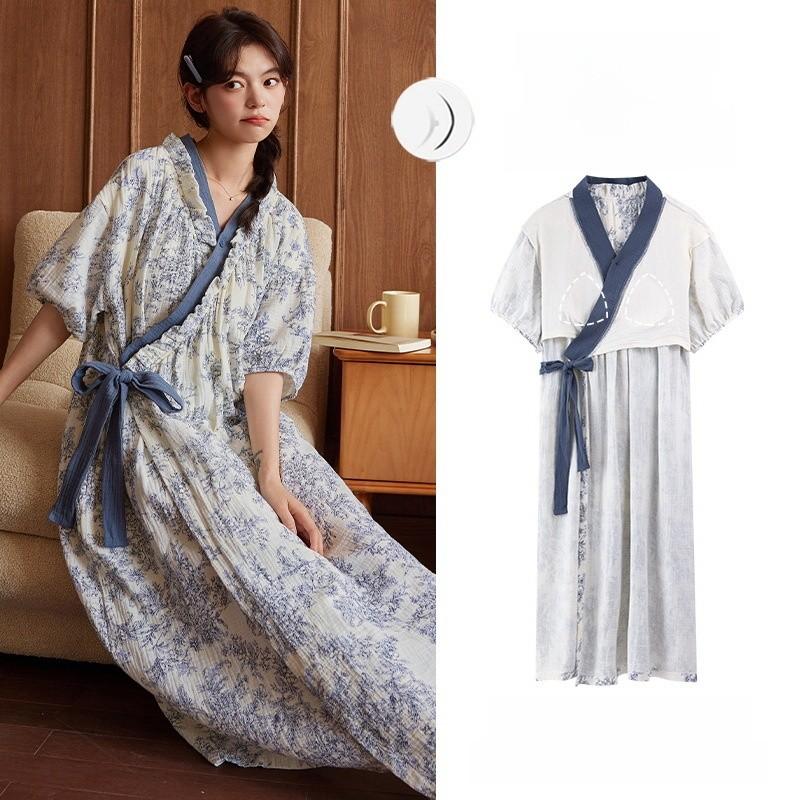 Cloud Cotton Short Sleeve Sleep Dress With Chest Padding For Comfortable Home Wear