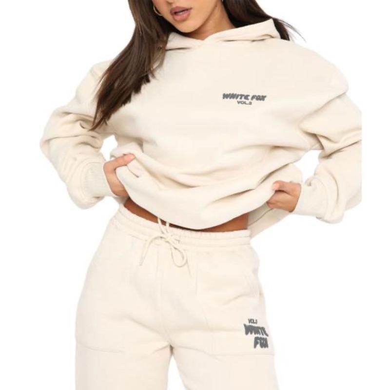 2 Pcs/Set Women Hoodie Pants Set Long Sleeve Thick Letter Print Hooded Drawstring Elastic Waist Ankle-banded Solid Color Top Trousers Lady