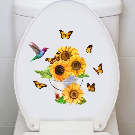 Sunflower Butterfly Toilet Sticker Removable Self-adhesive Waterproof PVC Living Room Bathroom Wall Art Floral