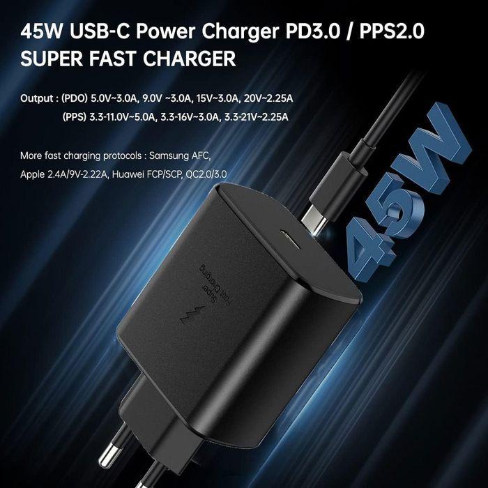 Chargeur Rapide 45W - Noir - Câble USB-C 1M - Compatible Samsung A16 A17 A36 A56 A57 S26 S25 S22 S23