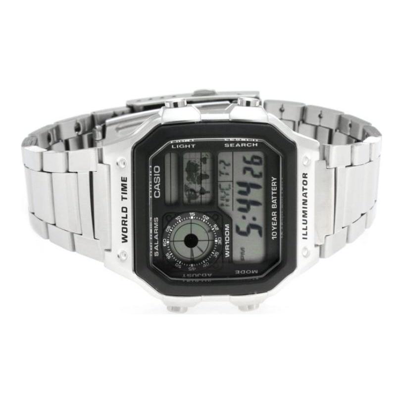 Casio Серия для молодежи Ретро Маленький квадратный Водонепроницаемые Спортивные Кварцевый механизм Стальной ремешок Мужские часы Черный AE-1200WHD-1AVDF