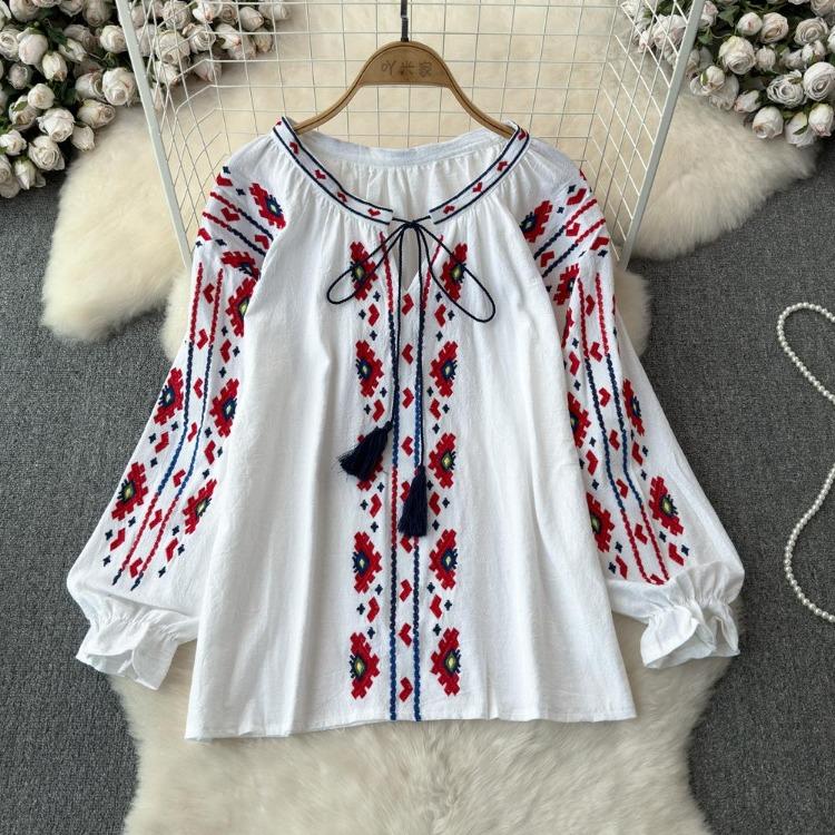 Summer Vintage Women Blouse Embroidered Puff Sleeve Color Block Ethnic Style Camisa Feminina Casual Tops