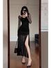 Elegant Black Halter Bodycon Midi Dress with Slimming Waist and Mesh Slit