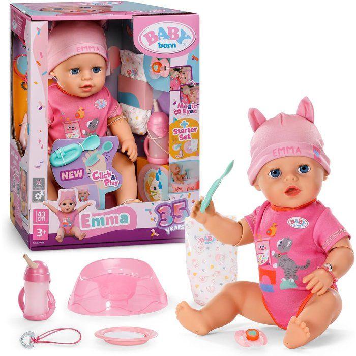 Poupon Emma - BABY BORN - 43 cm - Click & Play - 10 Fonctions + 8 accessoires - Sans piles, bras et coudes articulés