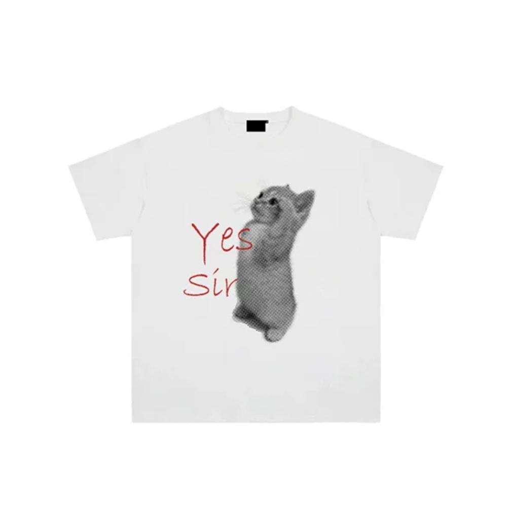 Yes Sir Cute Cat Print Oversized T-Shirt Men Women Harajuku Short Sleeve Funny Cat Meme Round Neck Daily Basic Graphic Tee Top
