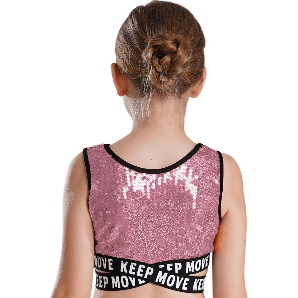 Укороченный топ с блестками для девочек, без рукавов, с круглым вырезом и перекрещивающейся талией, одежда для выступлений в стиле хип-хоп