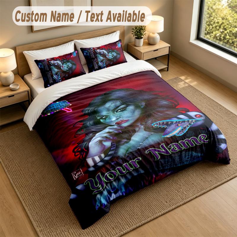 3Pcs Bedding Set Custom Name Text, 1 Sheet 2 Pillowcases Home Bed DecorBeetlejuice Lydia Deetz