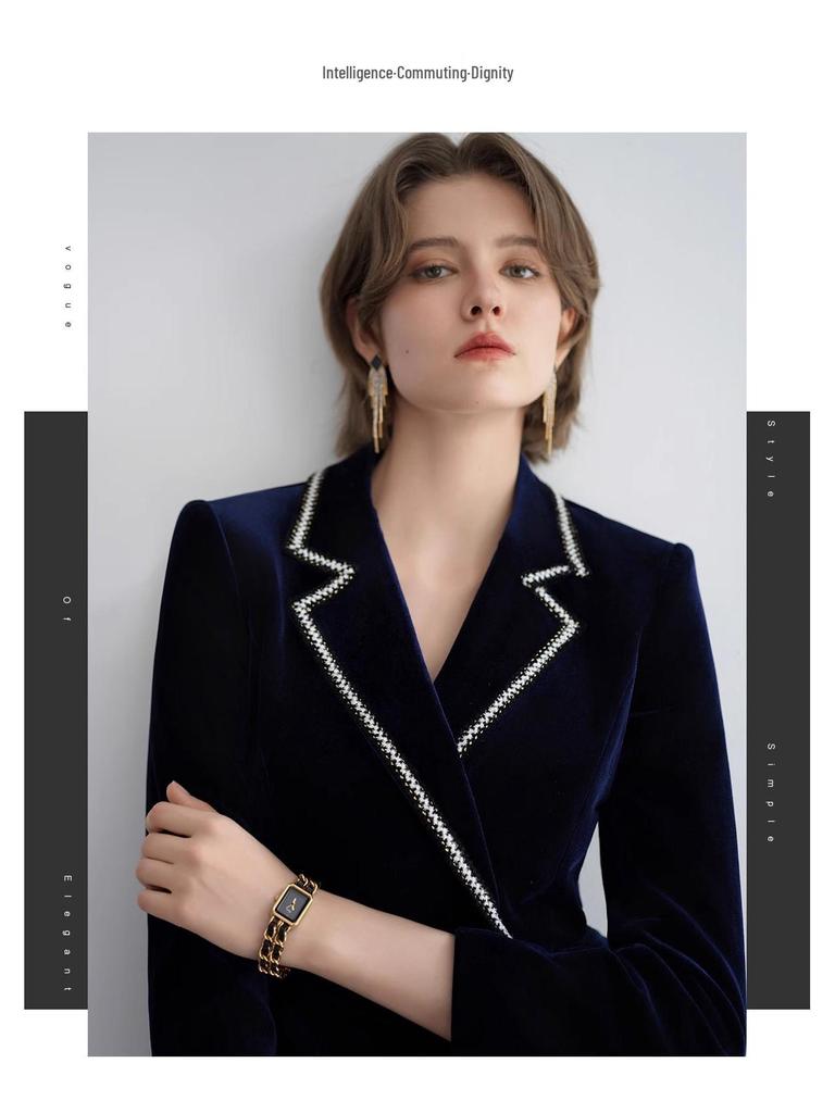 2024 Ранняя осень Темно-синее бархатное женское формальное платье с оборками и длинными рукавами