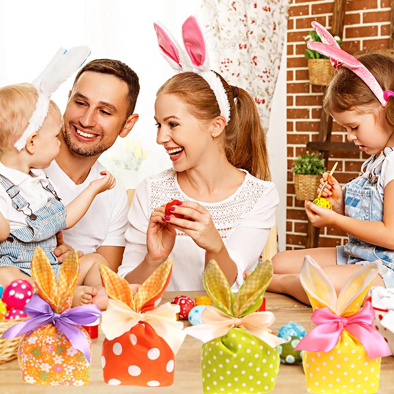 1Pc Candy Bag Easter Figure Originality Silk Ribbon Cartoon Rabbit Ear Floral Print Fabric