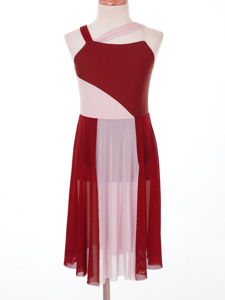 Детские шифоновые лирические танцевальные костюмы без рукавов для девочек, платье-купальник с цветными блоками, современные платья