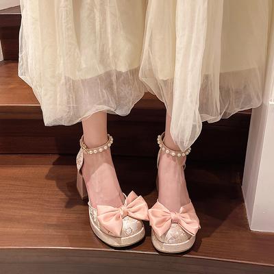 Модная обувь на массивном каблуке Весна Новая Круглый носок Неглубокий вырез Узел-бабочка Водонепроницаемая платформа Бусины Нескользящие высокие каблуки