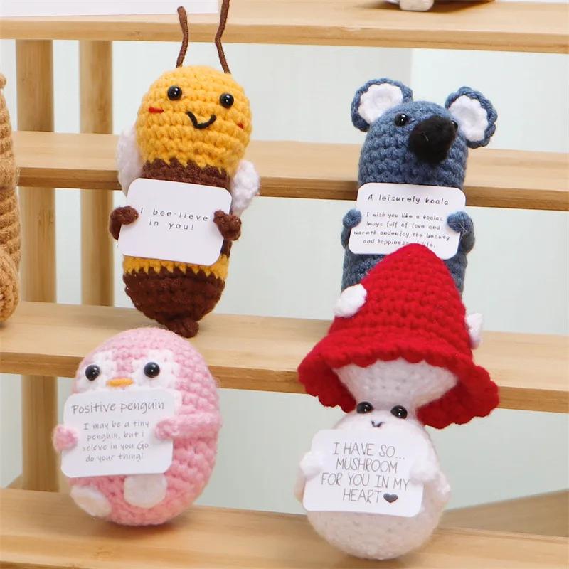 Positive Crochet Doll Knitted Animal Fruits with Affirmation Card Funny Handmade Gift Creative Table Ornaments Birthday Gift
