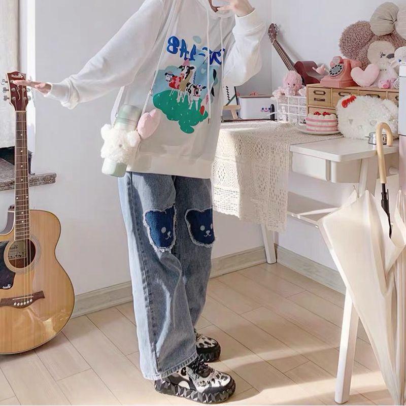 Милые джинсы с принтом медведя в стиле хип-хоп, крутые штаны для девочек, брюки, женские джинсовые брюки с высокой талией в стиле панк, осенние джинсы в стиле Харадзюку