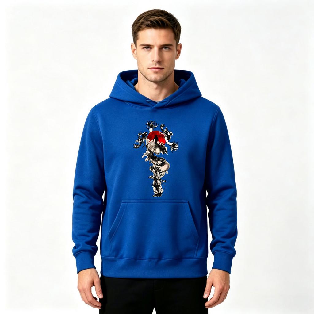 Men's Ink Style Samurai Chrysanthemum Red Sun Print Casual Pullover Hoodie Sweatshirt