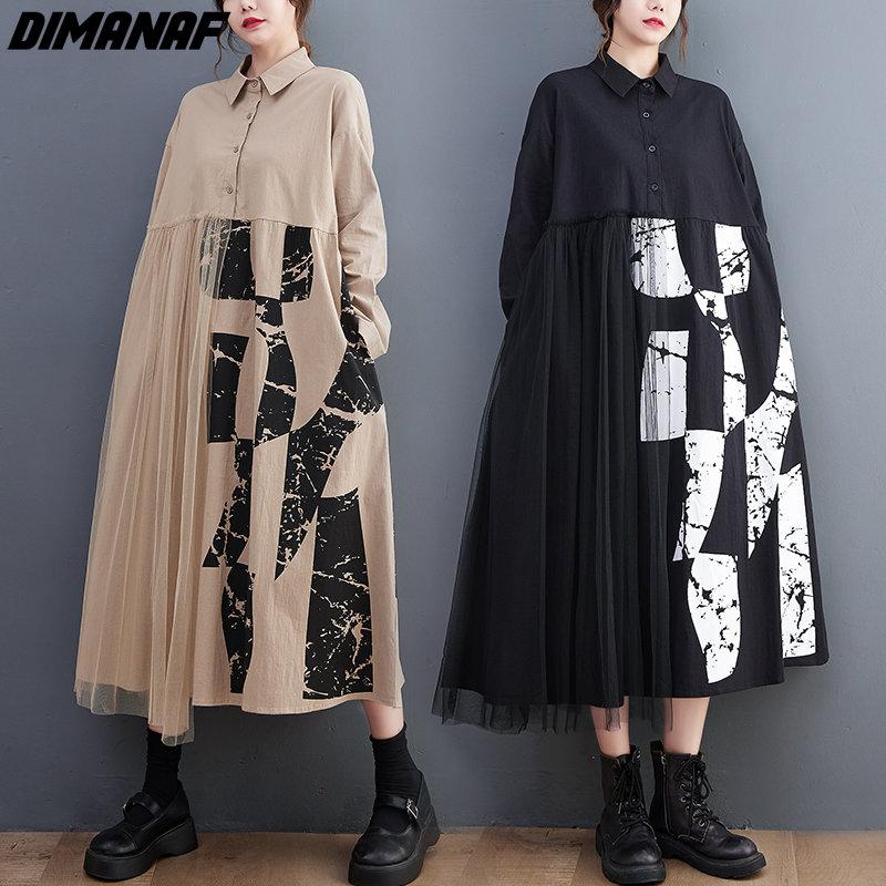 DIMANAF, новое осеннее стильное женское платье-рубашка, черное лоскутное сетчатое платье с принтом, модное свободное платье 2022, длинный кардиган