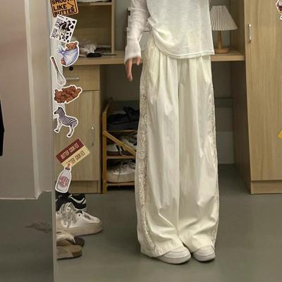 Кружевные брюки-палаццо для женщин - Летние тонкие с высокой посадкой повседневные в китайском стиле белые охлаждающие брюки из ледяного шелка