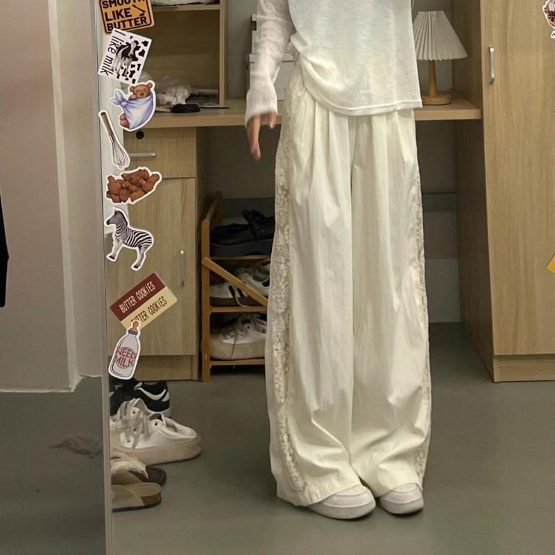 Кружевные брюки-палаццо для женщин - Летние тонкие с высокой посадкой повседневные в китайском стиле белые охлаждающие брюки из ледяного шелка