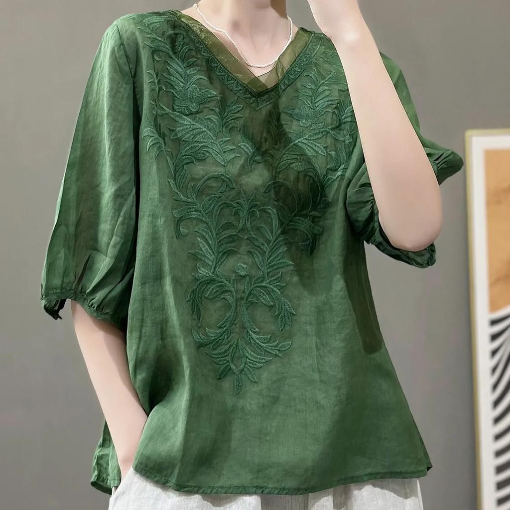 Women's Summer Solid Color Embroidery V-neck T-shirt Literary Retro Loose Half-sleeve Casual Tops