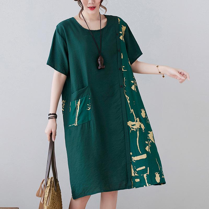 Хлопково-льняное платье. Новая летняя прямая юбка с короткими рукавами и принтом. Свободная темпераментная юбка.