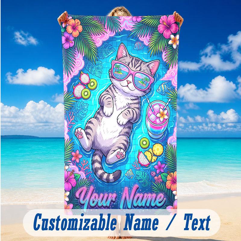 Cat Theme Beach Towel Personalized Custom Name & Text Soft Quick Dry Beach Towel for Swimming Travel