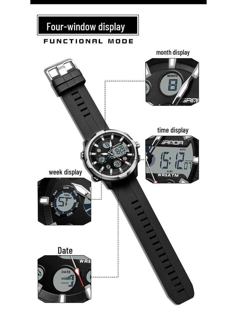 Sanda Молодежные Светящиеся Водонепроницаемые Многофункциональные Мужские Спортивные Часы