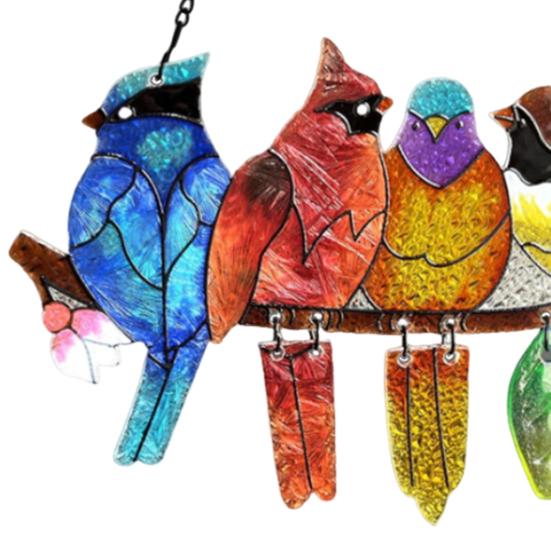 Birds On A Branch Suncatcher Stained Glass Acrylic Window Hanging Decoration with 4 Birds for Garden Home Decor Bird Lover Gift for Mom Grandma