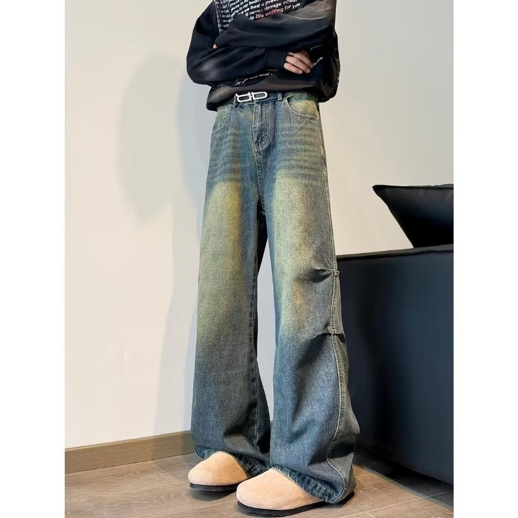 Autumn Straight Leg Jeans Men'S Washed Casual Trendy Brand High Street Design Sense, Rugged And Handsome Retro Pleated Floor Length Pants