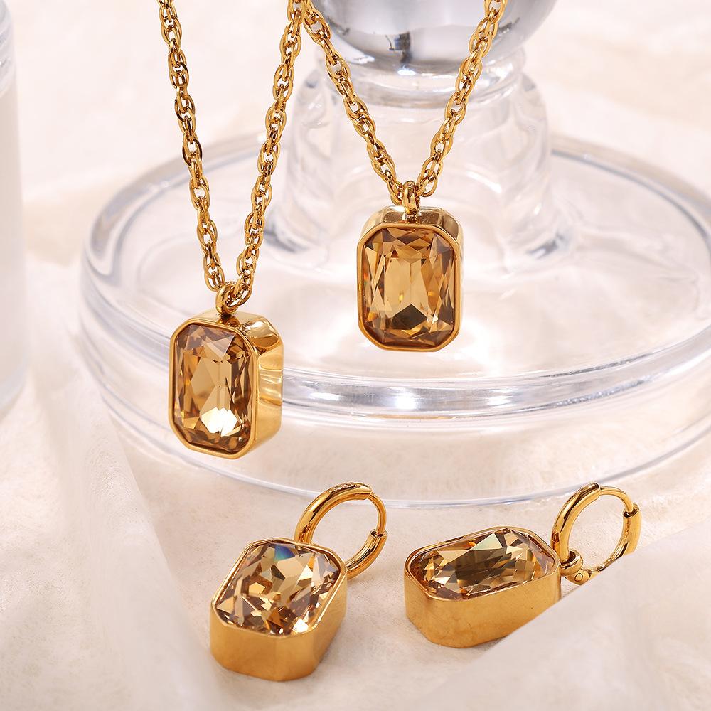 New Arrival Jewelry Square Stone Necklace Earrings Set Pendant Clavicle Fashion Ladies Stainless Steel Suit
